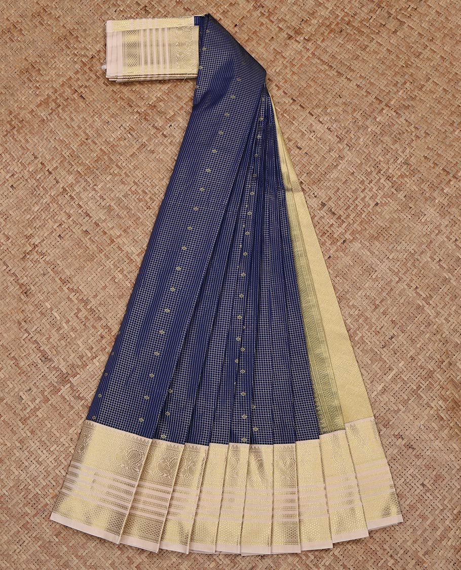 Navy Blue Budget Silk Saree, Detailed with Zari Buttas and Checks on Its Body, Complemented by a Contrast Traditional Zari Design Border, Grand Pallu, and Paired with a Contrast Blouse