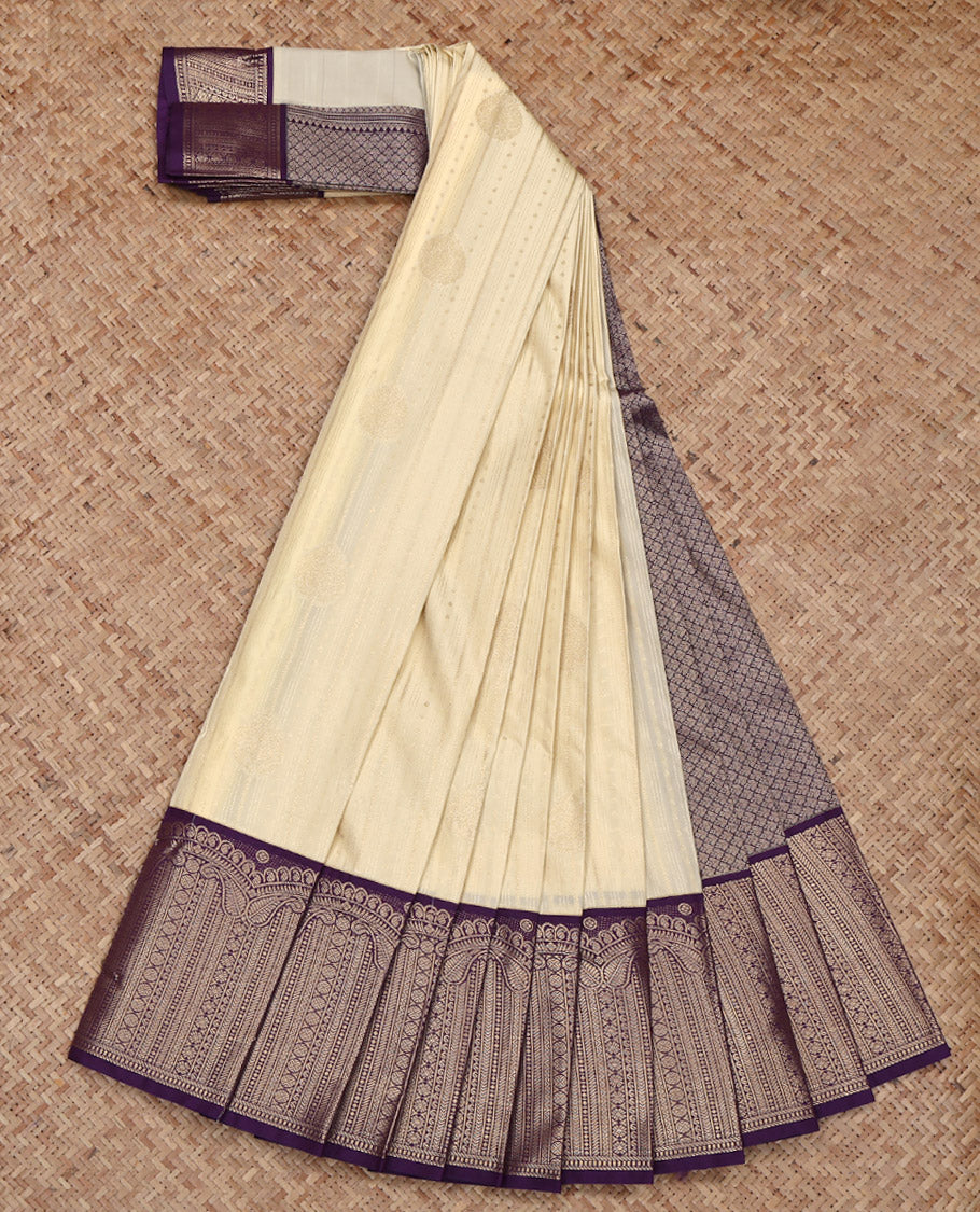 Cream Budget Silk Saree, Sparsely Woven with Zari Design on Its Body, Complemented by a Contrast Geometric Zari Design Border, Pallu of Jaal Designs, and Paired with a Contrast Blouse