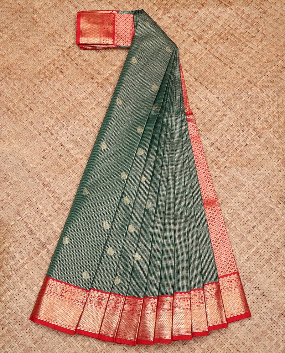 Green Budget Silk Saree, Ornamented with Zari Buttas and Micro-Checks, Complemented by a Contrast Traditional Zari Design Border, Grand Jaal Pallu, and a Contrast Blouse