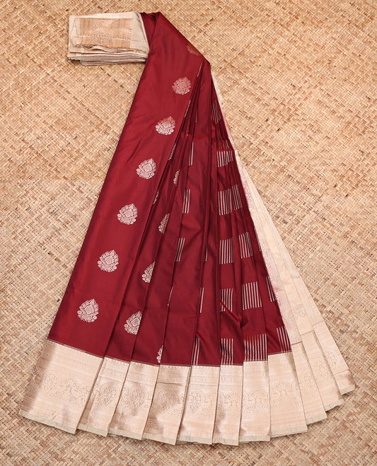 Maroon Budget Silk Saree, Richly Detailed with Zari Buttas, Complemented by a Contrast Traditional Zari Border, Intricately Designed Pallu, and a Contrast Blouse