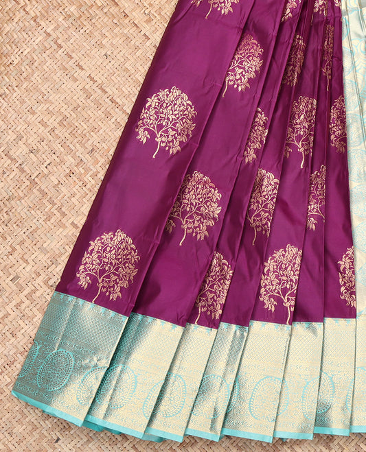 Purple Budget Silk Saree, Spotlighted with Floral Zari Buttas, Contrast Traditional Zari Border, Grand Pallu, and a Contrast Blouse
