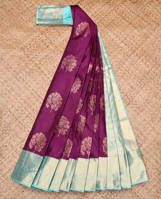Purple Budget Silk Saree, Spotlighted with Floral Zari Buttas, Contrast Traditional Zari Border, Grand Pallu, and a Contrast Blouse