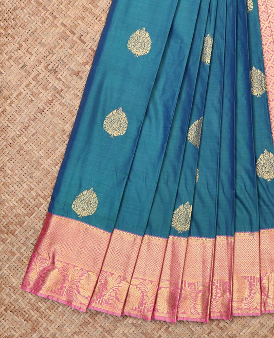 Blue Budget Silk Saree, Meticulously Woven with Buttas, a Contrast Traditional Zari Border, Jaal Pallu, and a Contrast Blouse