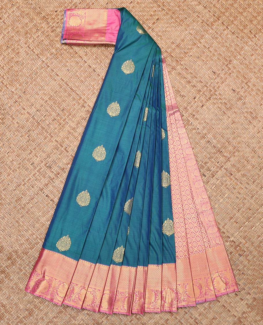 Blue Budget Silk Saree, Meticulously Woven with Buttas, a Contrast Traditional Zari Border, Jaal Pallu, and a Contrast Blouse