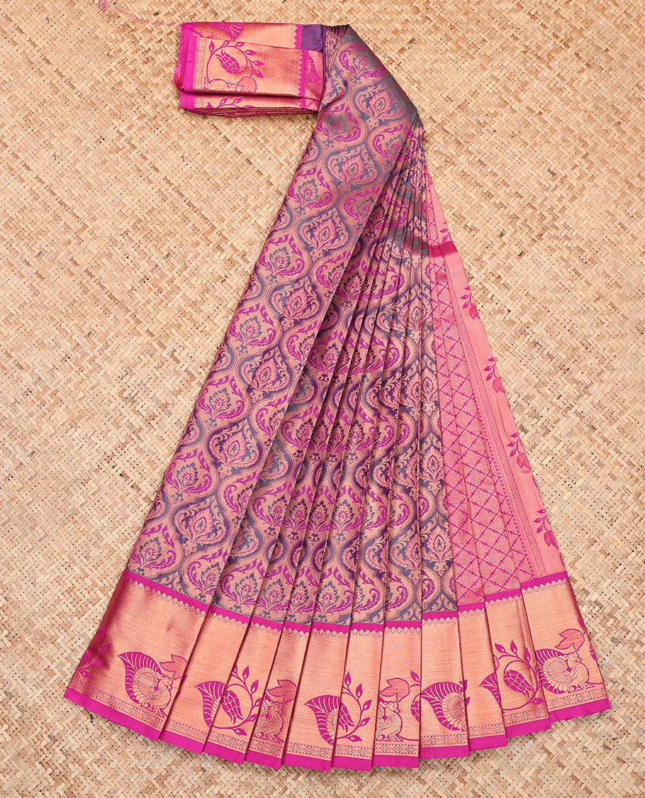 Purple Budget Silk Saree, Grandly Decked Up with Jacquard Design, Complemented by Contrast Traditional Zari Border, Jaal Pallu and a Contrast Blouse