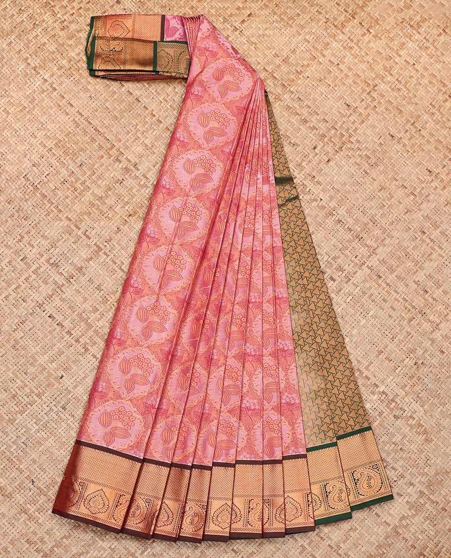 Pink Budget Silk Saree, Delicately Woven with Jacquard, Complemented by a Contrast Traditional Zari Border, Grand Pallu, and a Contrast Blouse