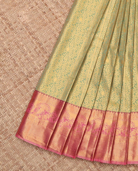 Green Budget Silk Saree Woven with Jacquard, Complemented by a Contrast Traditional Zari Border, Grand Pallu, and a Contrast Blouse