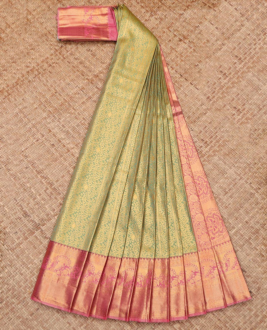 Green Budget Silk Saree Woven with Jacquard, Complemented by a Contrast Traditional Zari Border, Grand Pallu, and a Contrast Blouse