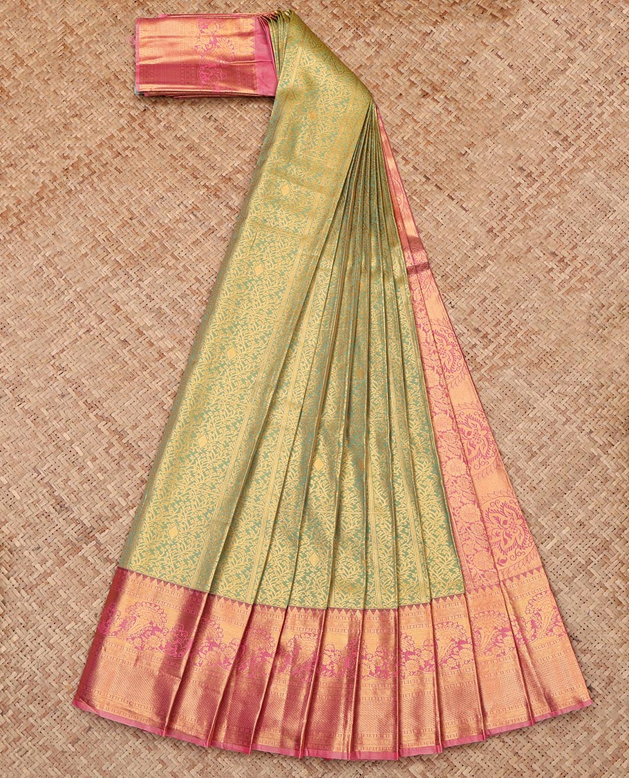 Green Budget Silk Saree Woven with Jacquard, Complemented by a Contrast Traditional Zari Border, Grand Pallu, and a Contrast Blouse