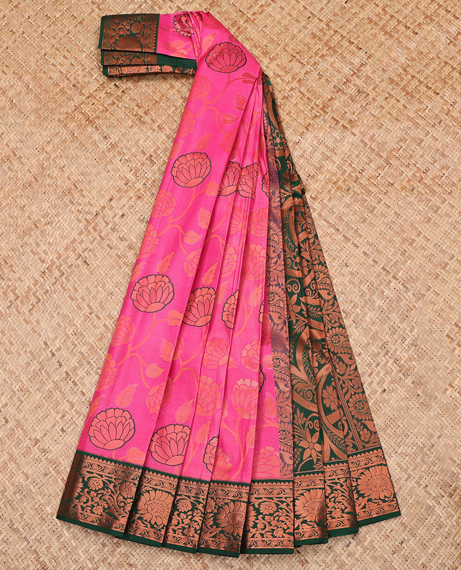 Pink Budget Silk Saree, Detailed with Jacquard Design, Complemented by a Contrast Floral Creeper Zari Border, Grand Pallu, and Contrast Blouse