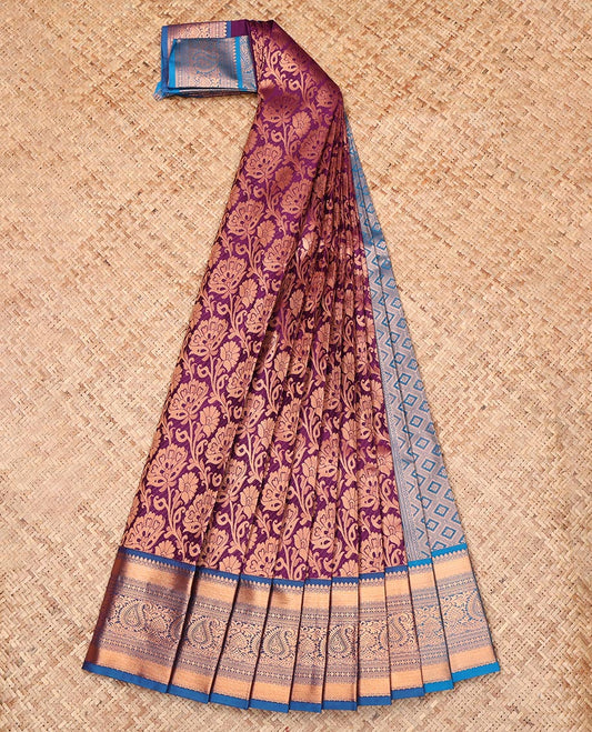 Purple Budget Silk Saree, Richly Detailed with Jacquard Design, Complemented by a Contrast Traditional Zari Border, Jaal Pallu, and a Contrast Blouse