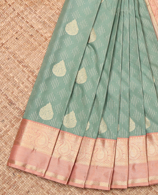 Green Budget Silk Saree, Subtly Sparkled with Zari Buttas, Complemented by a Contrast Traditional Border, Intricate Pallu, and Contrast Blouse
