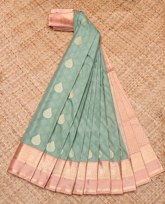 Green Budget Silk Saree, Subtly Sparkled with Zari Buttas, Complemented by a Contrast Traditional Border, Intricate Pallu, and Contrast Blouse