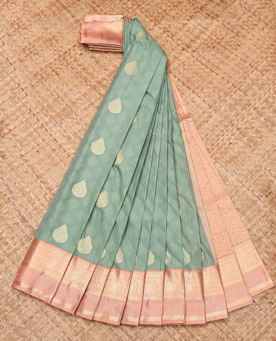 Green Budget Silk Saree, Subtly Sparkled with Zari Buttas, Complemented by a Contrast Traditional Border, Intricate Pallu, and Contrast Blouse