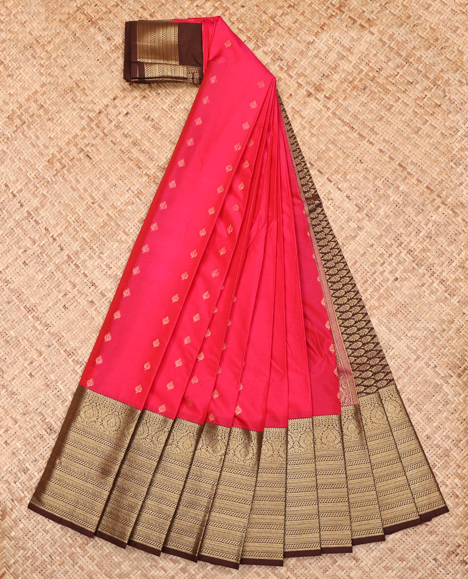 Red Budget Silk Saree, Adorned with Zari Buttas, Complemented by a Contrast Traditional Zari Border, Grand Pallu, and a Contrast Blouse