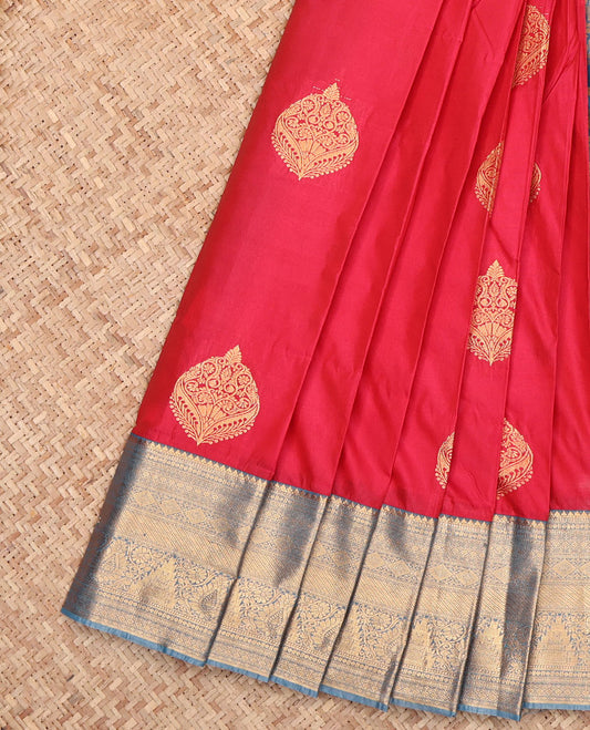 Red Budget Silk Saree, Ornamented with Zari Buttas, Complemented by a Contrast Traditional Zari Border, Intricate Pallu, and a Contrast Blouse