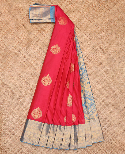 Red Budget Silk Saree, Ornamented with Zari Buttas, Complemented by a Contrast Traditional Zari Border, Intricate Pallu, and a Contrast Blouse