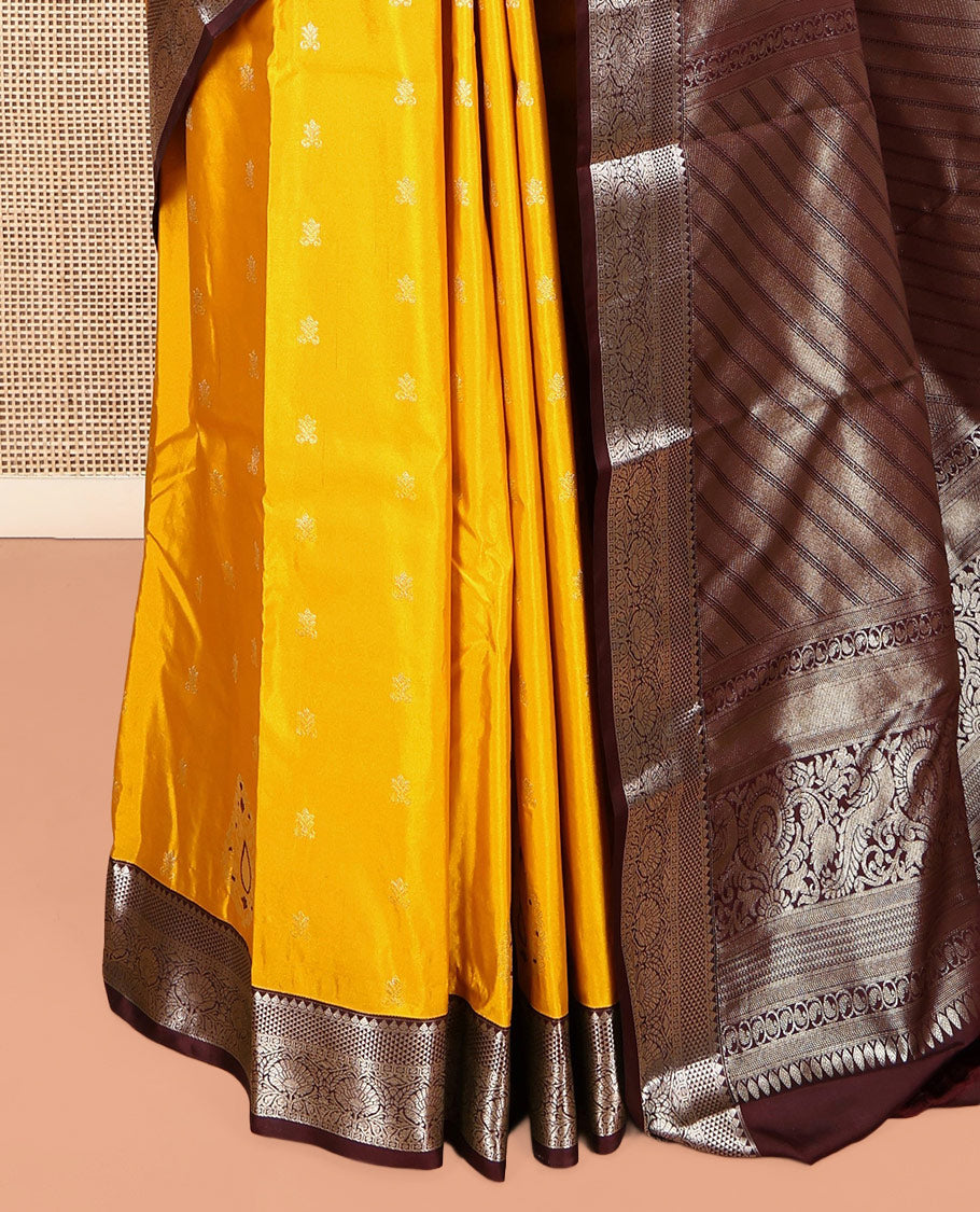 Yellow Budget Silk Saree, Mesmerized with Zari Buttas, Complemented by a Contrast Traditional Border, Pallu of Diagonal Stripes, and a Contrast Blouse