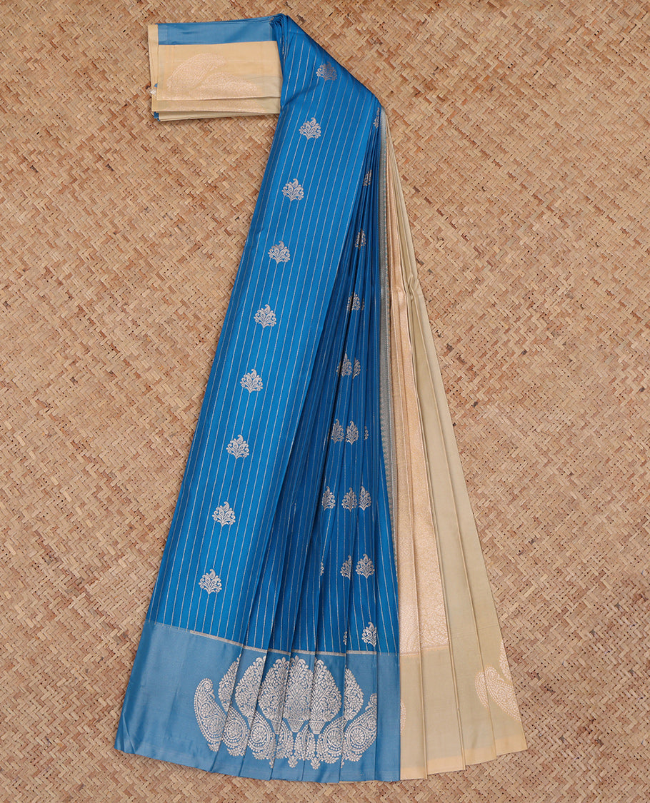 Blue Budget Silk Saree, Subtly Sparkled with Zari Buttas and Stripes, Complemented by a Contrast Zari Motif Border, Intricate Pallu, and a Contrast Blouse