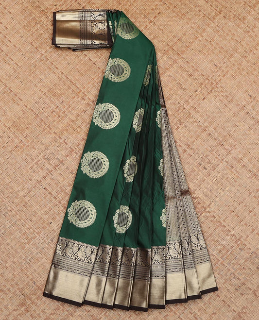 Green Budget Silk Saree, Elevated with Floral-Circular Buttas, a Contrast Traditional Peacock Zari Border, a Grand Pallu and a Contrast Blouse