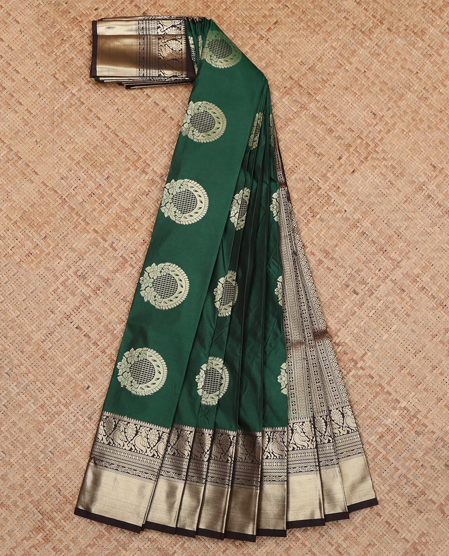 Green Budget Silk Saree, Elevated with Floral-Circular Buttas, a Contrast Traditional Peacock Zari Border, a Grand Pallu and a Contrast Blouse