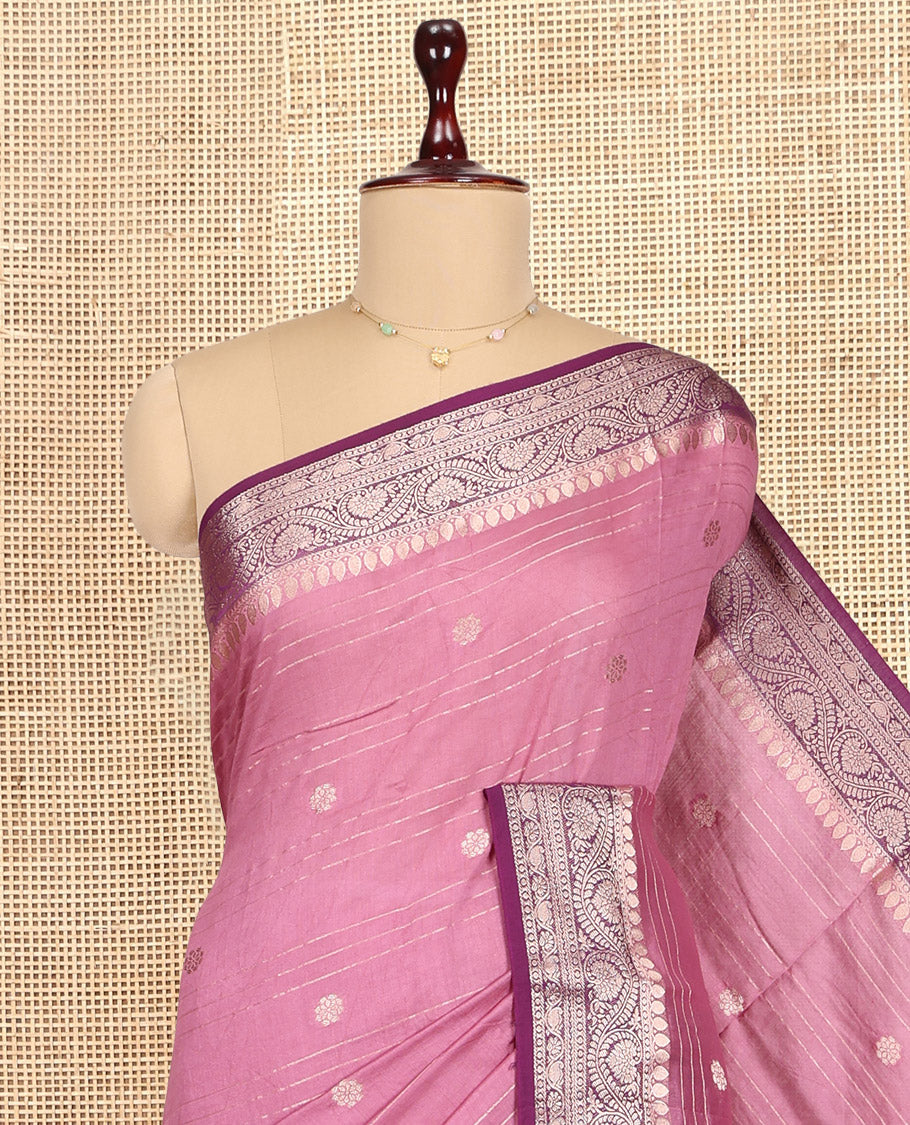 Onion Pink Assam Silk Saree, Crafted with Zari Buttas and Stripes, Complemented by Contrast Floral Creeper Zari Border,  Zari Woven Pallu, and Contrast Blouse