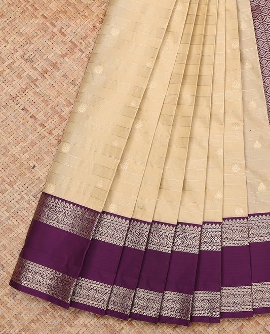 Light Sandal Budget Silk Saree, Sparsely Woven with Zari Buttas and Stripes, a Contrast Traditional Zari Rettai Pettu Border, Grand Pallu, and a Contrast Blouse
