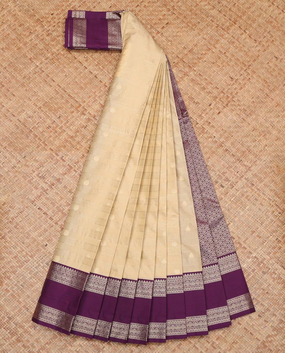 Light Sandal Budget Silk Saree, Sparsely Woven with Zari Buttas and Stripes, a Contrast Traditional Zari Rettai Pettu Border, Grand Pallu, and a Contrast Blouse