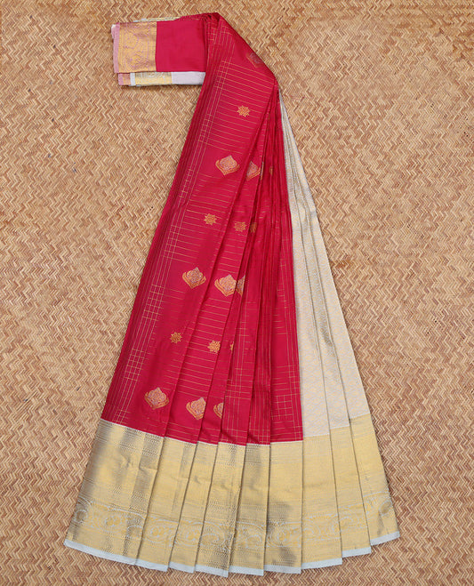 Red Budget Silk Saree, Graced with Zari Butta Enclosed Checks, Complemented by a Contrast Traditional Zari Border, Grand Jaal Pallu, and Contrast Blouse
