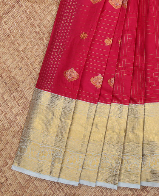 Red Budget Silk Saree, Graced with Zari Butta Enclosed Checks, Complemented by a Contrast Traditional Zari Border, Grand Jaal Pallu, and Contrast Blouse