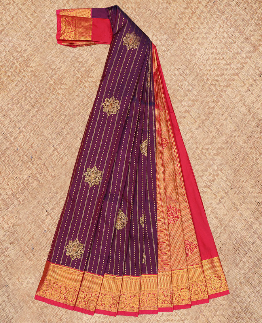 Wine Budget Silk Saree, Graced with Zari Buttas and Stripes, a Contrast Traditional Zari Border, Grand Pallu, and a Contrast Blouse