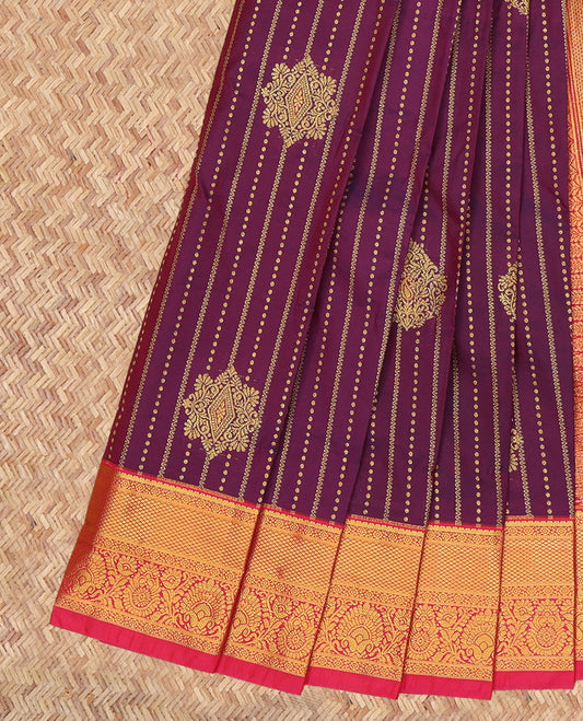 Wine Budget Silk Saree, Graced with Zari Buttas and Stripes, a Contrast Traditional Zari Border, Grand Pallu, and a Contrast Blouse