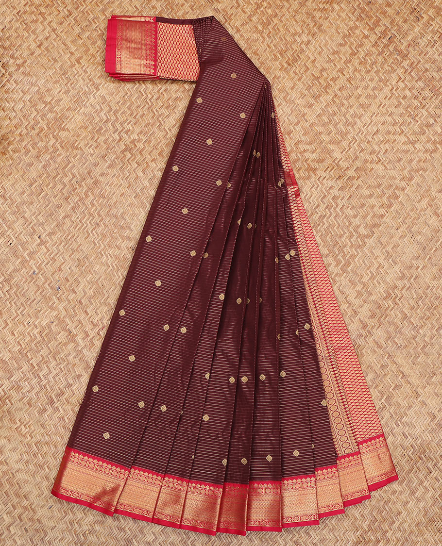Maroon Budget Silk Saree, Enriched with Zari Buttas and Stripes, a Contrast Traditional Zari Border, Grand Pallu, and a Contrast Blouse