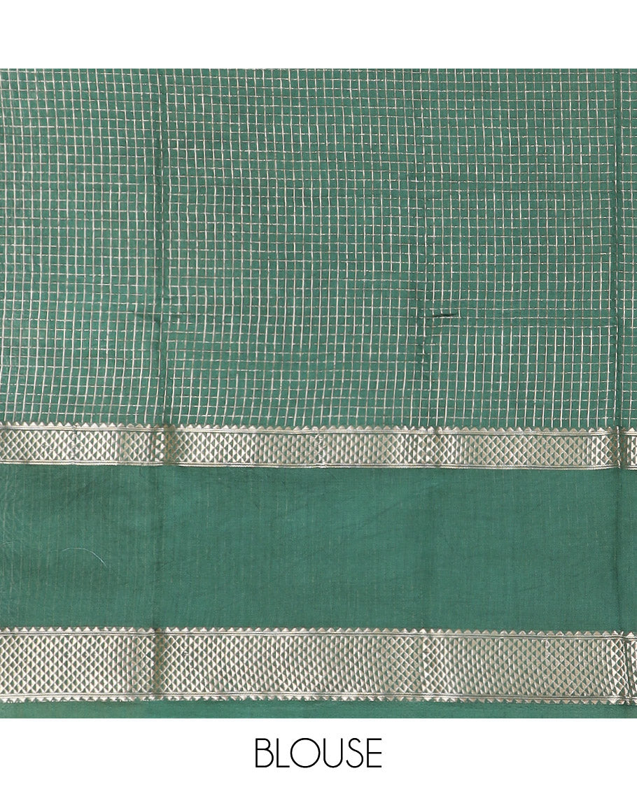 Red Assam Silk Saree Subtly Sparkled with Zari Checks, Complemented by Contrast Zari Border of Triangle Motifs, a Gleaming Pallu of Zari Stripes, and Paired with a Contrast Blouse