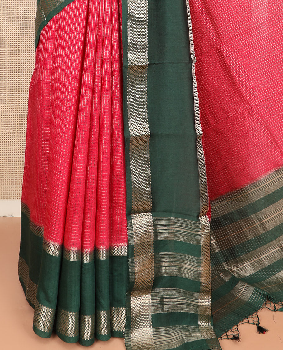Red Assam Silk Saree Subtly Sparkled with Zari Checks, Complemented by Contrast Zari Border of Triangle Motifs, a Gleaming Pallu of Zari Stripes, and Paired with a Contrast Blouse