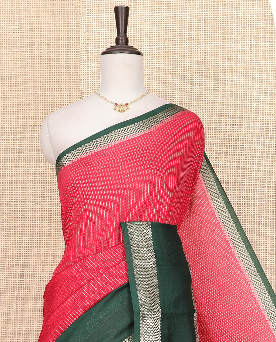 Red Assam Silk Saree Subtly Sparkled with Zari Checks, Complemented by Contrast Zari Border of Triangle Motifs, a Gleaming Pallu of Zari Stripes, and Paired with a Contrast Blouse