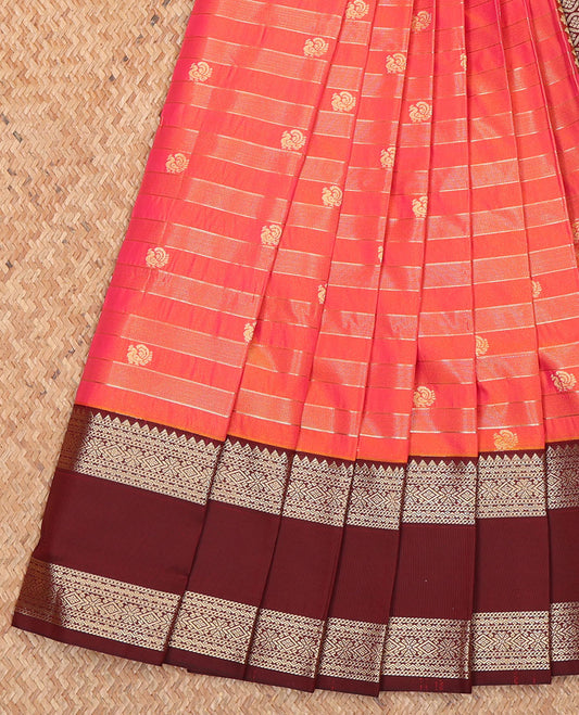 Orange Budget Silk Saree, Gleamed Up with Zari Stripes and Peacock Buttas on Its Body, Complemented by Contrast Traditional Zari Design Rettai Pettu Border, Opulently Embellished Pallu, and Paired with a Contrast Blouse