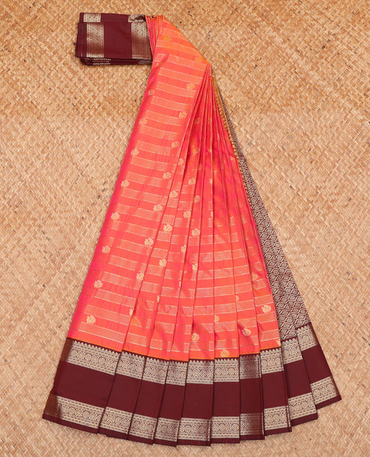 Orange Budget Silk Saree, Gleamed Up with Zari Stripes and Peacock Buttas on Its Body, Complemented by Contrast Traditional Zari Design Rettai Pettu Border, Opulently Embellished Pallu, and Paired with a Contrast Blouse
