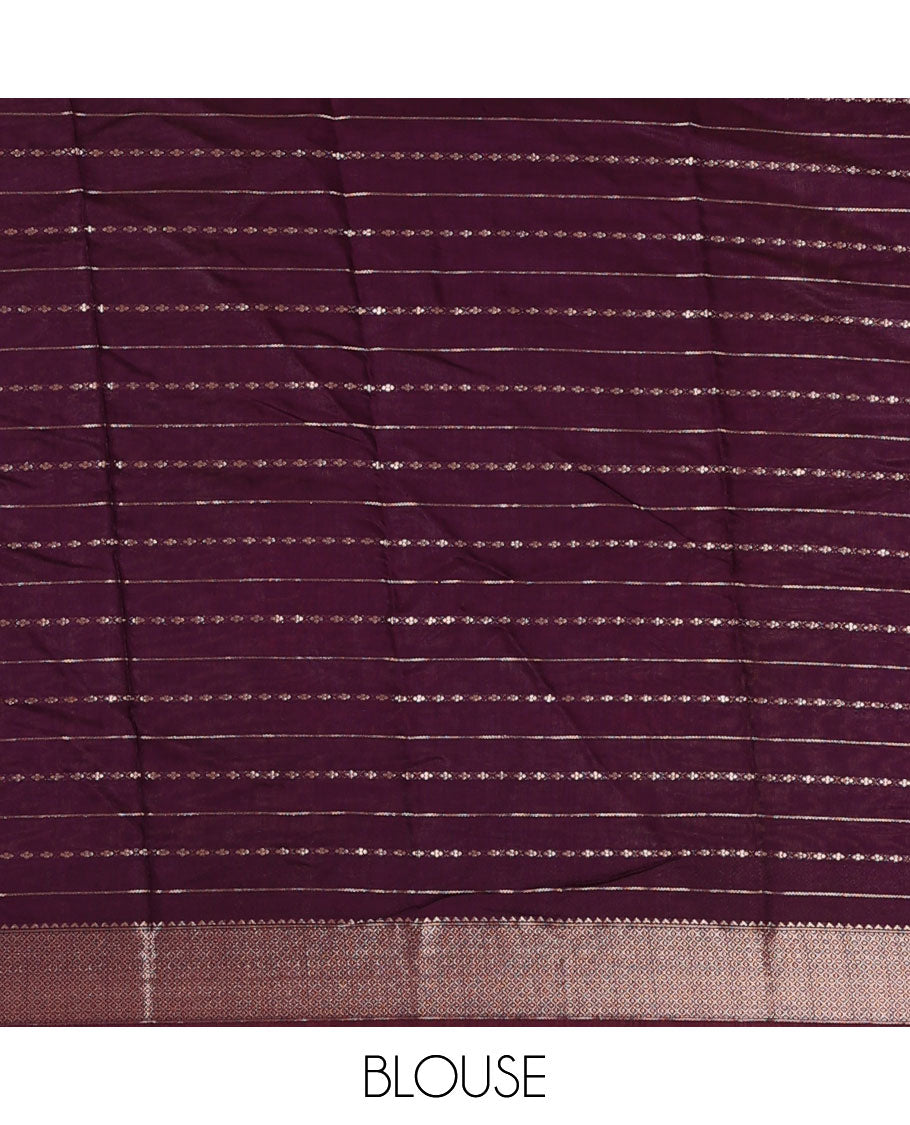 Lavender horizontal striped Assam silk saree, traditional zari border, and zari-rich gleaming pallu