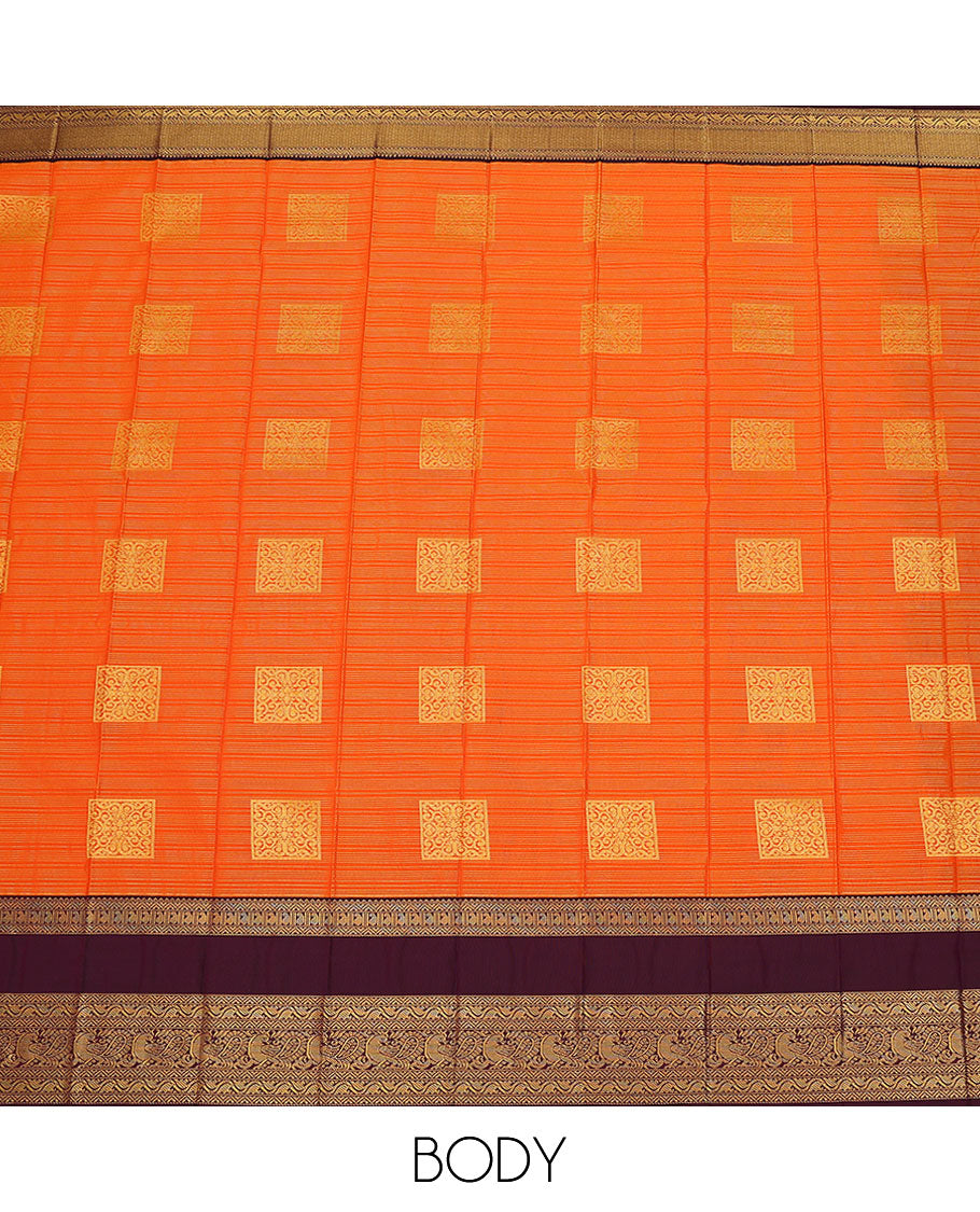 Orange zari striped and buttas budget silk saree, contrast traditional zari design rettai pettu border, and jaal pallu