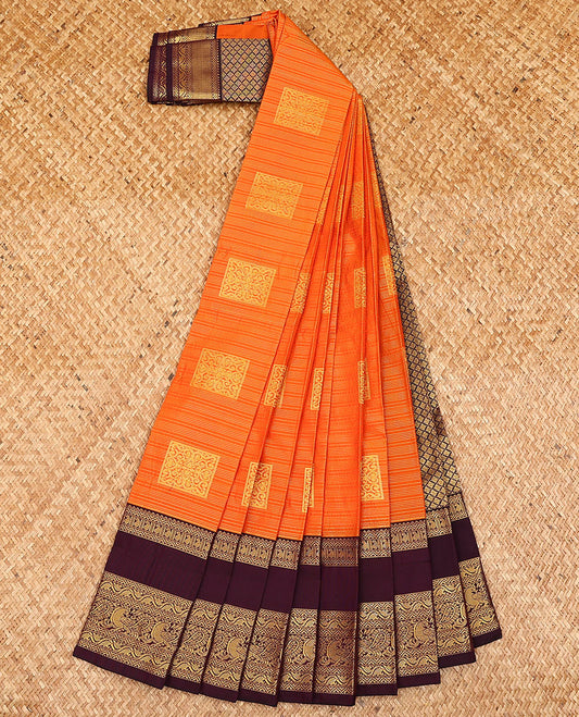 Orange zari striped and buttas budget silk saree, contrast traditional zari design rettai pettu border, and jaal pallu