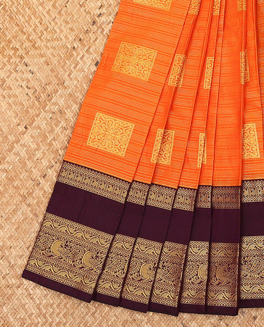 Orange zari striped and buttas budget silk saree, contrast traditional zari design rettai pettu border, and jaal pallu