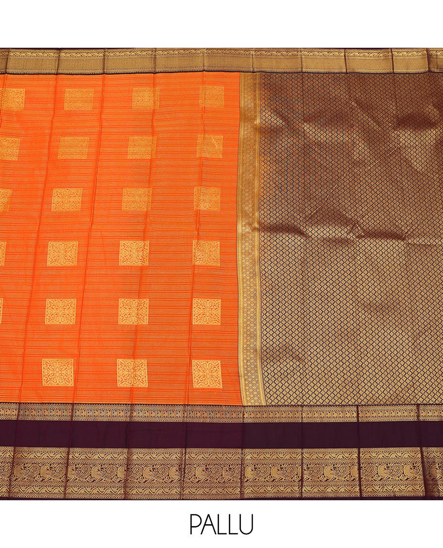 Orange zari striped and buttas budget silk saree, contrast traditional zari design rettai pettu border, and jaal pallu