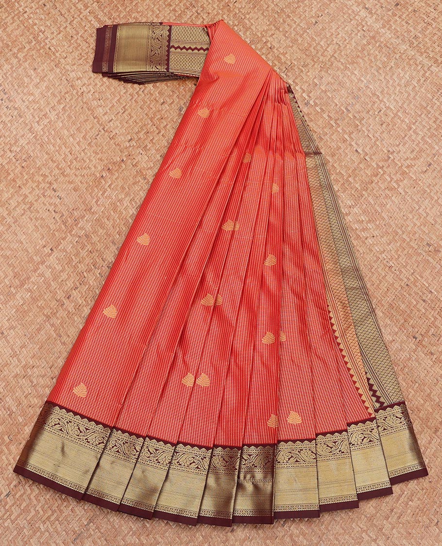 Red Budget Silk Saree, Highlighted with Zari Buttas and Checks, Complemented by a Contrast Traditional Zari Design Border, Grand Pallu, and a Contrast Blouse