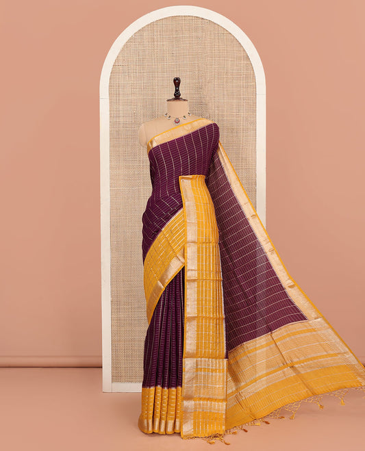 Purple Assam Silk Saree Elegantly Detailed with Zari Checks, Complemented by Contrast Zari Traditional Design Border, Golden Zari Striped Pallu, and Paired with a Contrast Blouse
