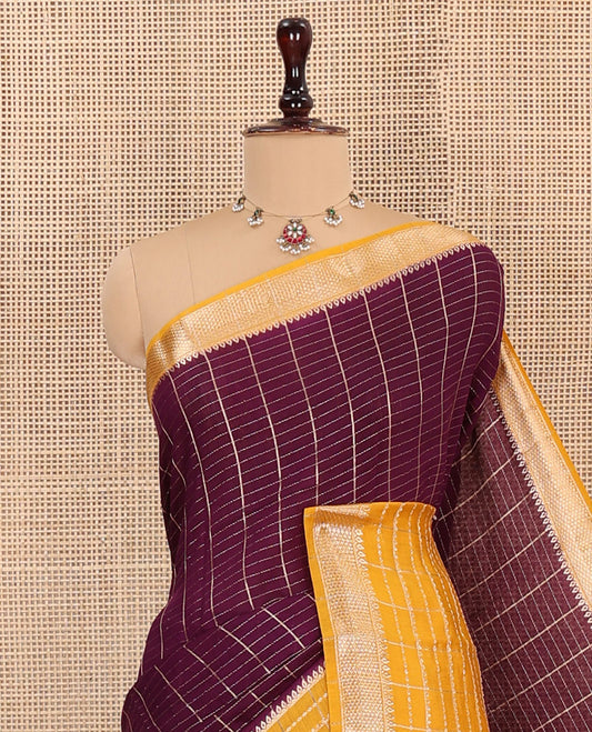 Purple Assam Silk Saree Elegantly Detailed with Zari Checks, Complemented by Contrast Zari Traditional Design Border, Golden Zari Striped Pallu, and Paired with a Contrast Blouse
