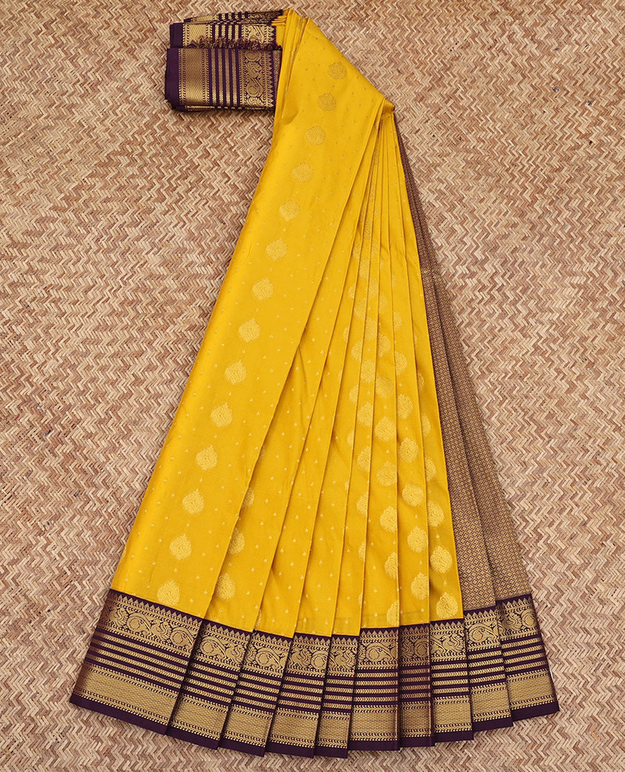 Yellow Budget Silk Saree, Sparsely Woven with Buttas All Over Its Body, Complemented by a Contrast Traditional Zari Design Border, Grand Jaal Pallu, and Paired with a Contrast Blouse