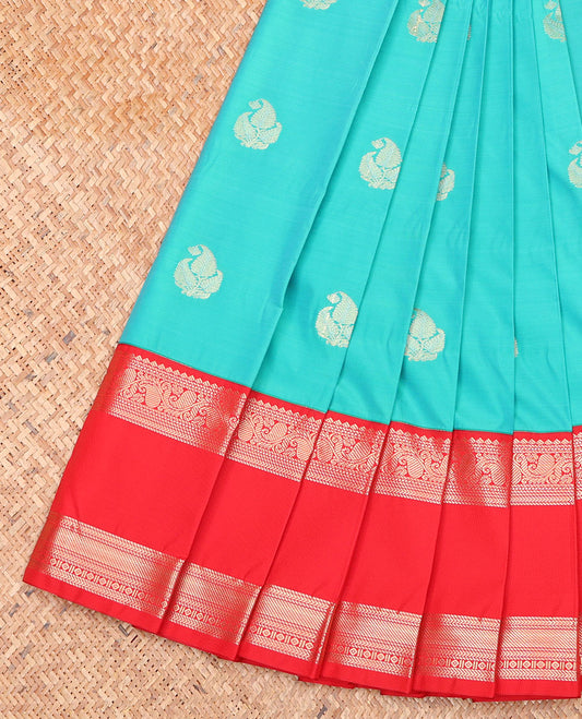 Blue Budget Silk Saree, Dazzled with Zari Buttas on Its Body, Complemented by a Contrast Traditional Zari Design Rettai Pettu Border, Jaal Pallu, and Paired with a Contrast Blouse