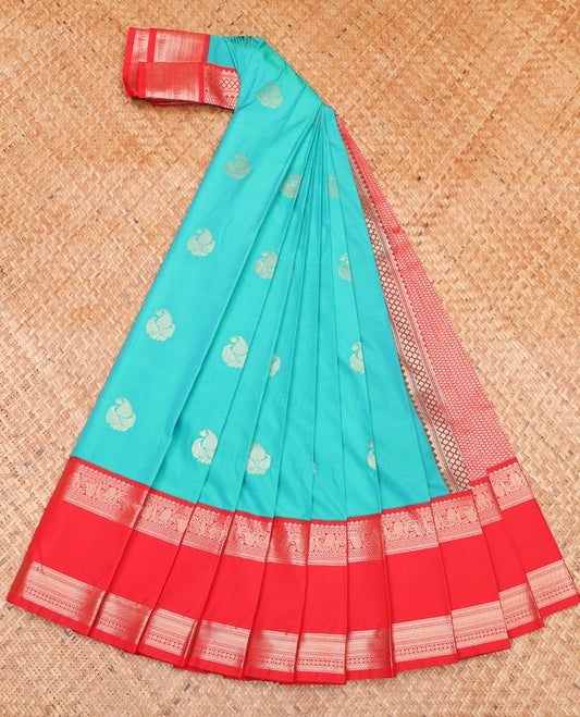 Blue Budget Silk Saree, Dazzled with Zari Buttas on Its Body, Complemented by a Contrast Traditional Zari Design Rettai Pettu Border, Jaal Pallu, and Paired with a Contrast Blouse