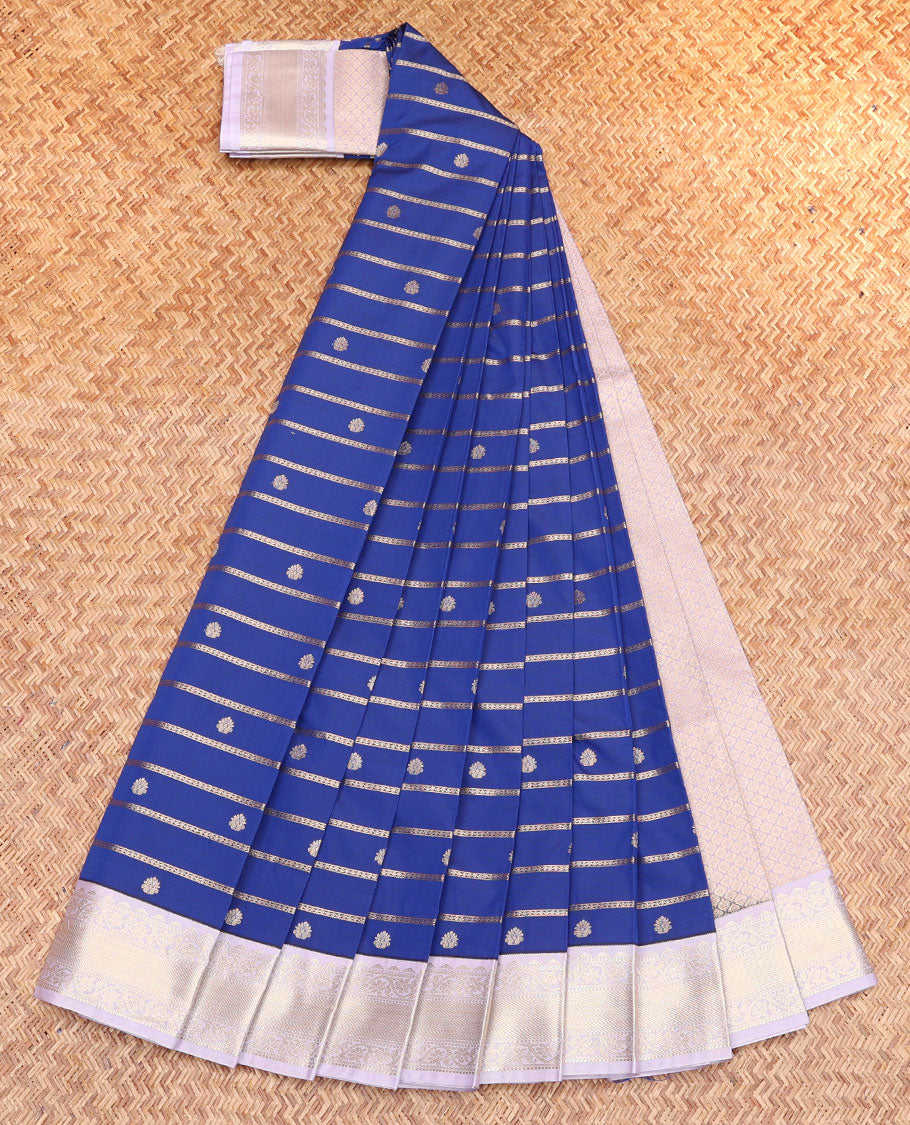 Blue Budget Silk Saree, Artfully Detailed with Zari Buttas and Stripes, Complemented by a Contrast Traditional Border, Jaal Pallu, and a Contrast Blouse